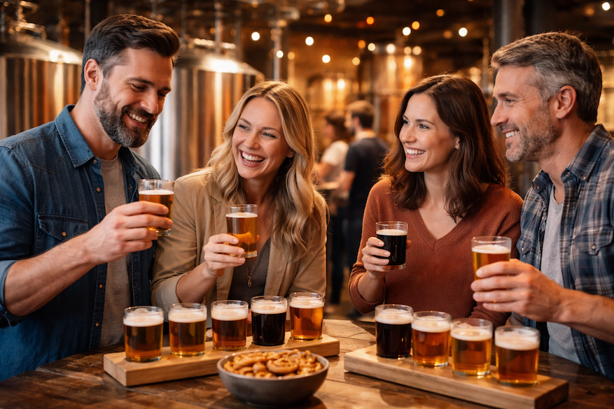 besokare-pa-bryggeri-provar-hantverksol-olprovning-16×9 Besökare på bryggeri som provar olika sorters hantverksöl med provningsbrickor, glas i flera färger och bryggeritankar i varm, mysig miljö.